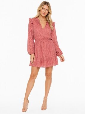 Lauren Conrad Size Large Womens Pink Lace Textuted Long-Sleeve V-Neck Mini Dress